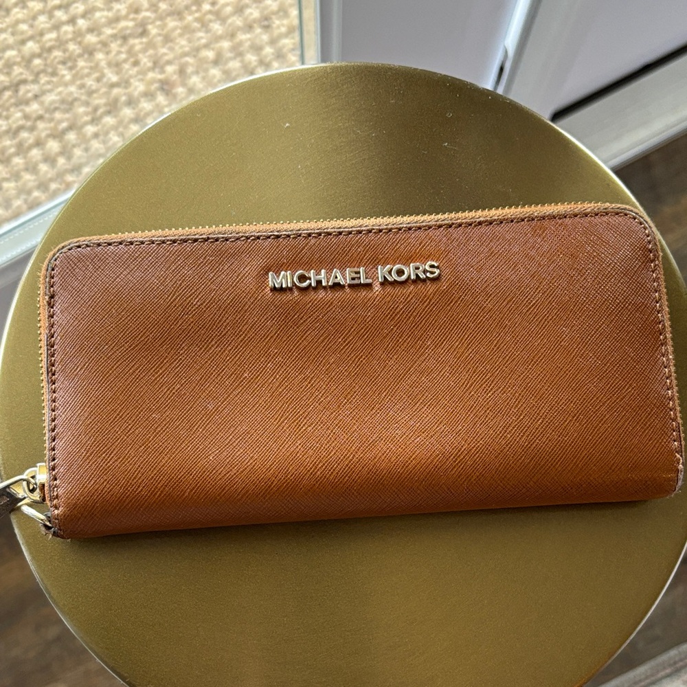 Michael Kors Cognac Zip Around Wallet with Gold Logo